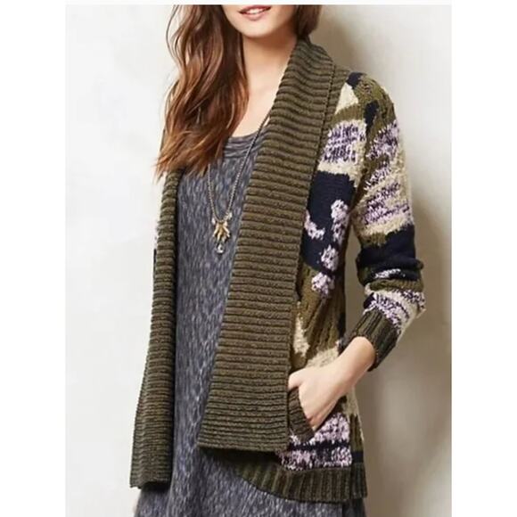 Anthropologie Cardigan Womens Large Green Purple Shawl Collar Open Front Knit - Picture 1 of 9